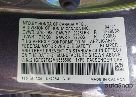 2021 Honda Civic Sport z USA, uszkodzony, nr VIN 2HGFC2F82MH555500